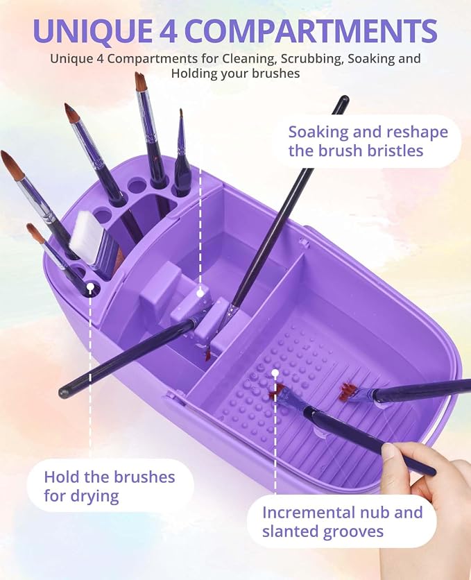 GAMENOTE Paint Brush Cleaner, Paint Brush Holder and Palette, Purple | All-in-one painting station washes and rests brushes, mixes colors, and stores paint in 18 wells with a portable handle.
