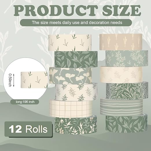 12 Rolls Floral Washi Tape Set,Sage Green,Leaves | Watercolor Flowers Design for Scrapbook Journal DIY Craft School Supplies, 15 mm Vintage Decorative Masking Washi Tapes