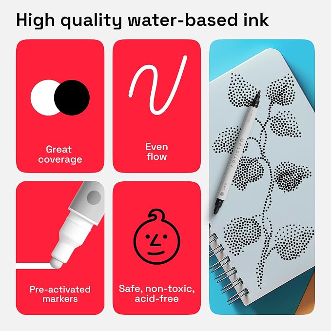 ARTISTRO White & Black Dual-Tip Acrylic Paint Pens - Set of 2 | 5mm Dot + 1mm Fine Tips, Multisurface Markers, Perfect for Glass, Rock, Fabric, Wood, Plastic, & More
