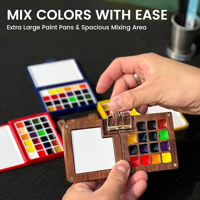 Funto Mini Watercolor Travel Set, All-In-One Walnut Wood 15 Colors Pocket Travel Paint Kit, with Crossbody Bag, Watercolor Journal, Metal Clip, Paint Water Cup, Water Brush Ideal for Art Lovers