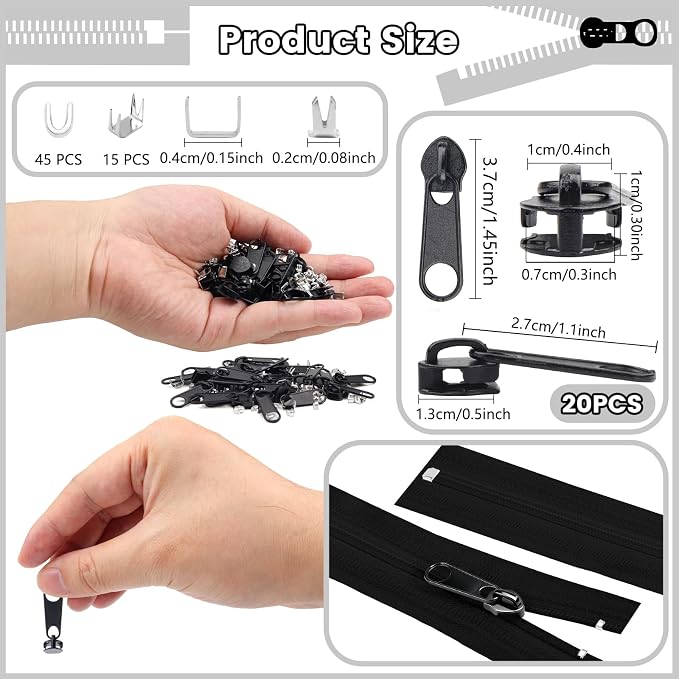DOITEM 20Pcs Zipper Repair Kit Zippers Replacement 5# Zipper Pull Rescue Kit for Clothing Jackets Purses Luggage Backpacks