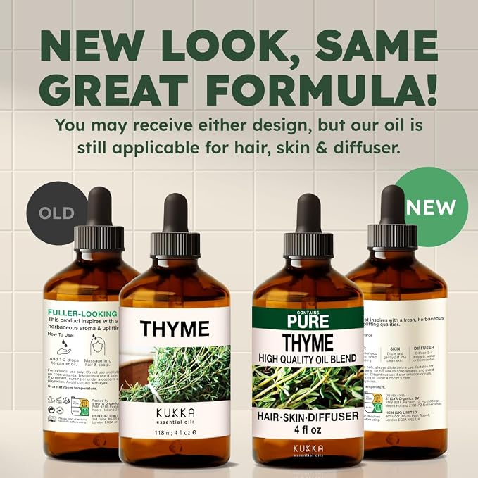 100% Pure Thyme Essential Oil 4 Fl Oz - Thyme Oil for Hair and Skin | French Undiluted Thyme Oil for Diffuser, Aromatherapy, Cleaning, Body Massage, Non-GMO, Herbaceous Aroma, with Dropper