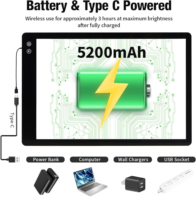 Zocelight Rechargeable A2 Light pad for Diamond Painting,A2 Light Board with 5200mAh Battery,6 Levels Dimming/3 Color temperatures 5500 Lux Super Bright Light Box for Drawing,Sketching,Animation