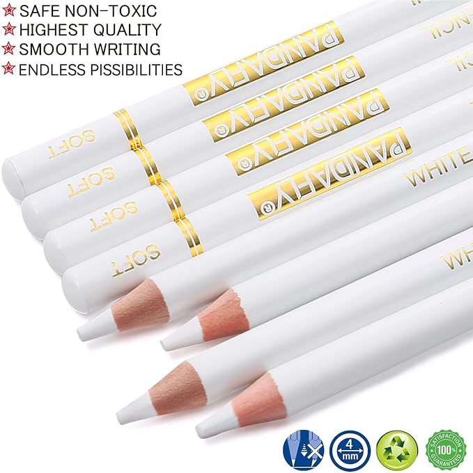 PANDAFLY White Charcoal Pencils Set, 8 Pack, Sketch Highlight Pencils | Professional White Chalk Pencils for Black Paper Drawing, Sketching, Shading, Blending, Ideal for Beginners & Pro Artists