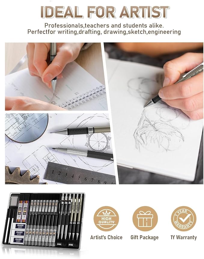 Nicpro 35PCS Gold Art Mechanical Pencils Set, 3 PCS Metal Drafting Pencil | 0.5 mm & 0.7 mm & 0.9 mm & 3 PCS 2mm Lead Holder (6B 4B 2B HB 2H 4H Colors) For Sketching Drawing With 20 Tube Lead Refills