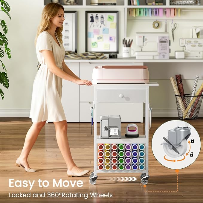 Snughome Craft Cart Compatible with Cricut Maker, Craft Organizers and Storage Table for Cricut Cart with Wheels, Drawer and 28 Vinyl Roll Holders, White, 23.6"(L) x 9.5"(D) x 31.7"(H)