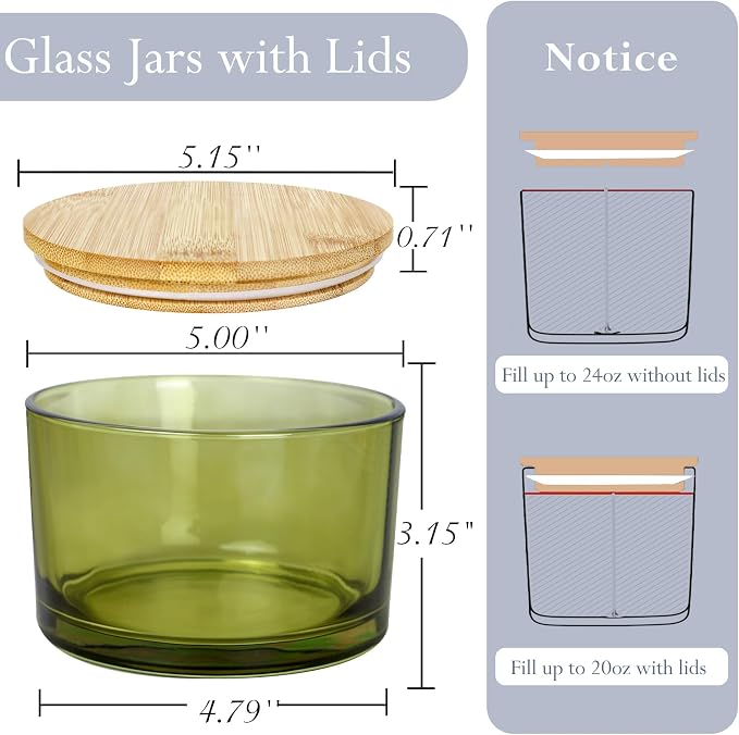 CONNOO 6 Pack 24oz Olive Green Glass Candle Jars with Airtight Bamboo Lids