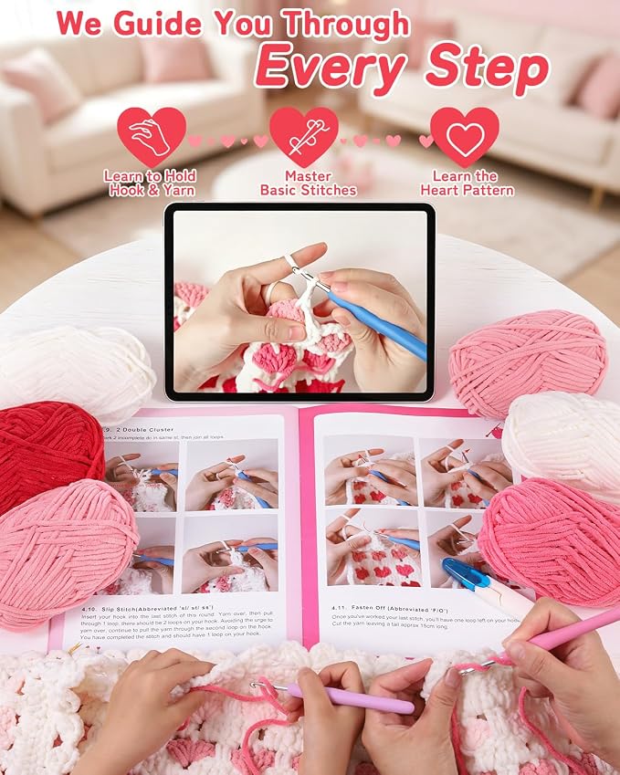 Arborthread Blanket Crochet Kit for Beginners, Crochet Heart Blanket Kit with Soft Chenille Yarns, Detailed Video & Instructions for Adults & Kids – Featuring a Heart Pattern & Edging, Pink