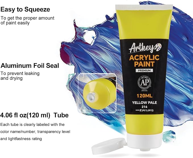 Artkey Acrylic Paint - Yellow Pale (120 ml/4.06 oz) Tubes, Rich & Vibrant Pigments, Professional Artists Acrylic Paints - Art Supplies for Canvas Wood Rock Clay Fabric Ceramics Art Crafts Painting