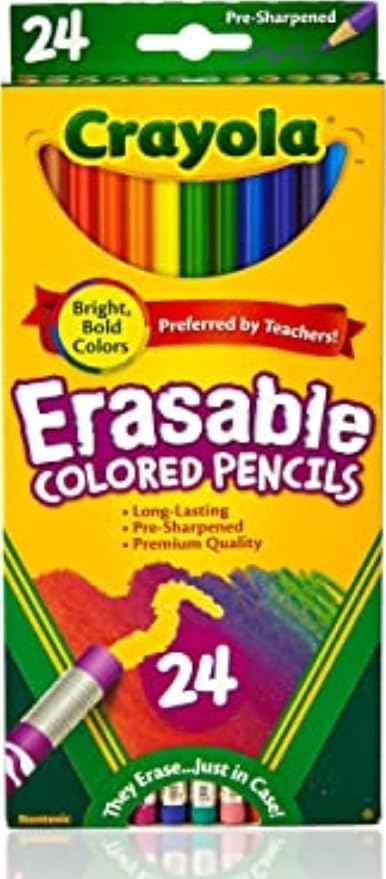 Crayola Erasable Colored Pencils (24ct), Kids Coloring Pencils for Coloring Books, Assorted Colors, Arts & Crafts Supplies, Gifts, Ages 6, 7, 8