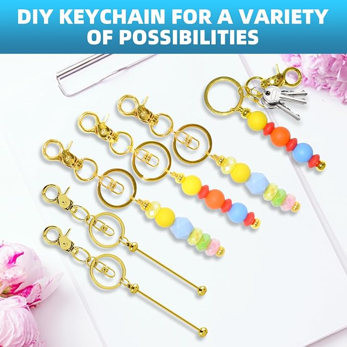 60 Pcs Beadable Keychains Bulk Kit – DIY Keychain Making Supplies with Metal Blanks for Crafts, Jewelry, Charms, Custom Projects – Blank Chain Bars for Beaded Keychain Design (Golden)