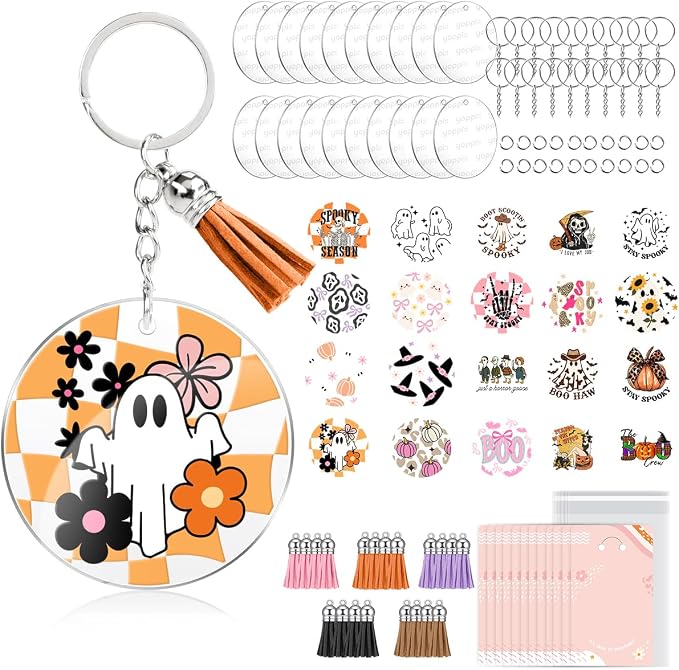YOPPIX 140 PCS Acrylic Keychain Blank Set, Halloween Ghost Double-Sided UV DTF Stickers Acrylic Keychain Making Kits for Vinyl DIY Craft Project