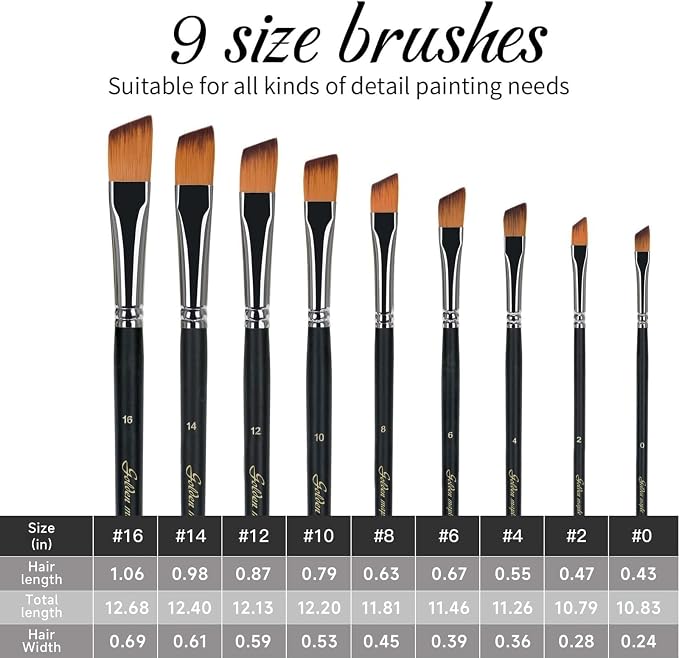 Golden Maple Angular Paint Brush, 9PC Oblique Tip Nylon Hair Long Handle Angled Paint Brushes Set Art Artist Professional Painting Supplies for Acrylic, Watercolor, Gouache and Oil Painting