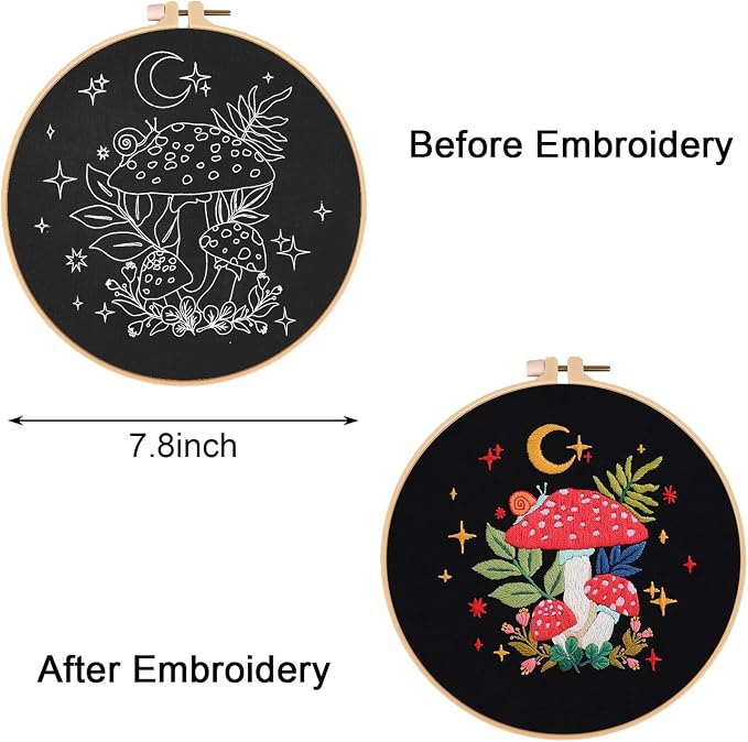 Nuberlic Mushroom Embroidery Kits for Beginner Adults | Starter Cross Stitch Kit DIY Needlepoint with Hoop, Pre-Printed Fabric, Threads & Step-by-Step Guide
