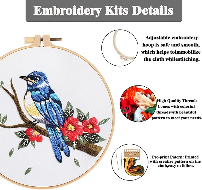 GLTAYLMY 3 Sets Embroidery Kit for Beginners Needlepoint Cross Stitch Kits for Adults,Stitch Learning DIY Kit with Easy Instruction,Stamped Bird Embroidery Patterns,Hoop,Threads,Sewing Hobby