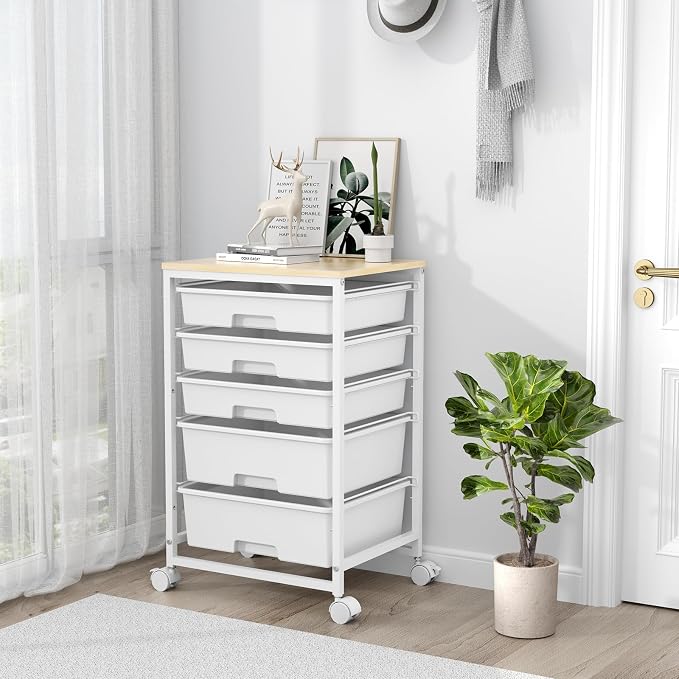 SYKIARIOL Rolling Cart with Drawers, 5 Drawers Utility Cart, Bright White | 5-Tiers Storage Cart with Drawers with Wooden Top for Craft Organizers and Storage,Home Office,Classroom,Dorm