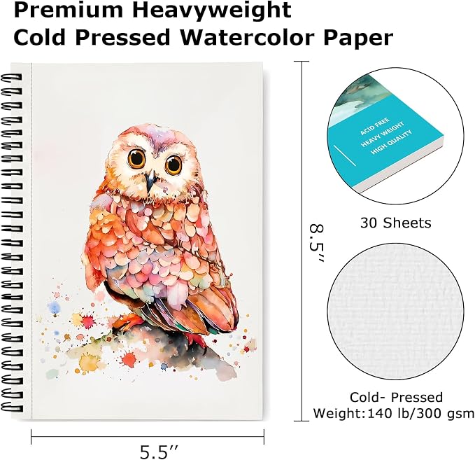 Hapikalor 5.5"x8.5" Watercolor Paper, Small Sketchbook for Kids, 30 Sheets | Spiral Bound, Water Color Paper, 140lb/300gsm Watercolor Paper, Watercolor Notebook, Watercolor Journal, Sketch Pad, Teal
