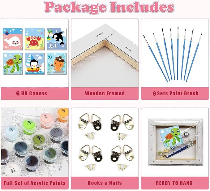 MXCFZX 6 Pack Framed Paint by Numbers Kit for Kids,Cute Sea Animals Painting Kits for Ages 4-6-12,Easy Paint by Number Kids Paint for Beginner,DIY Acrylic Oil Painting Kit for Wall Decor(8X8inch)