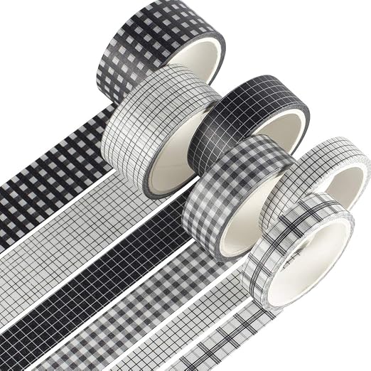 YUBBAEX 6 Rolls Plaid Washi Tape Set Basic Grid Masking Decorative Tapes for Arts, DIY Crafts, Journals, Planners, Scrapbooking, Wrapping (Black Plaid)
