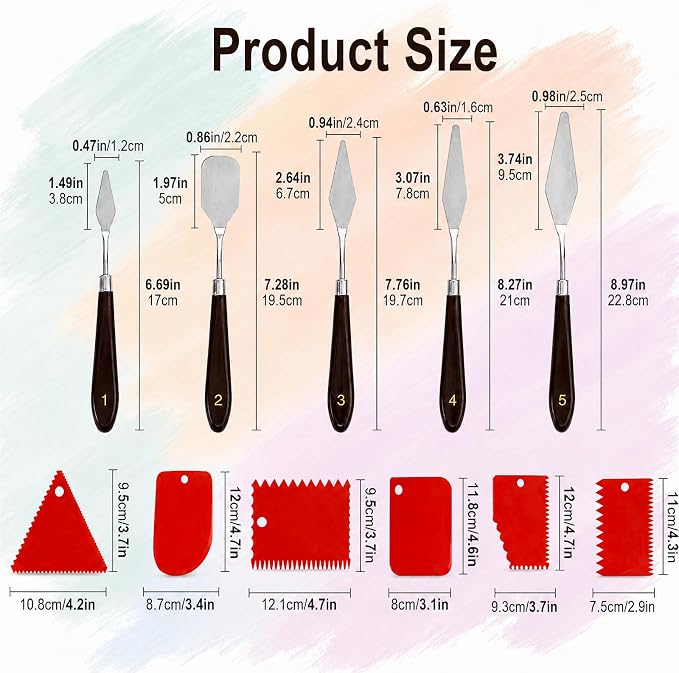 11 Pcs Painting Palette Knife Set, 5 Pcs Professional Stainless Steel Palette Knives with 6 Plastic Scrapers, Art Paint Tools for Oil, Acrylic, Watercolor Painting and Cake Decorating