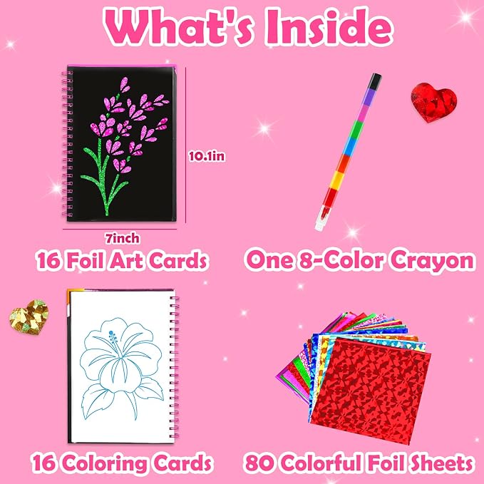 FUNNYB&G Foil Art Craft Kit for Kids, Sparkly Birthday Gift Toy for Girls | No Mess, Kids Ages 4-10 Create Sparkling Artwork, A Creative Gift for Birthdays, Holidays, Travel Activities,Screen-Free Fun