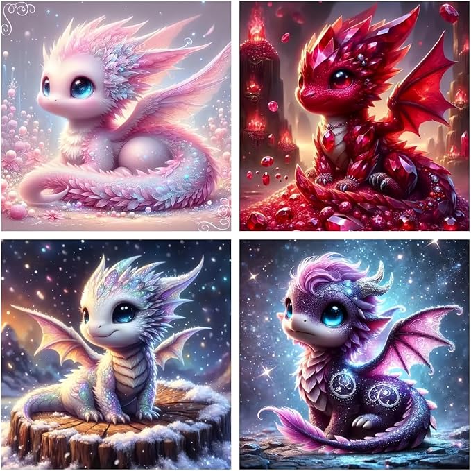 Acelii 4PCS Dragon Diamond Painting Kits for Adults, 5D DIY Art Set | Full Round Drill Dragon Gem Art Kit, Easy DIY Craft, Home Wall Decor, 12 x 12 Inch for Adults & Beginners