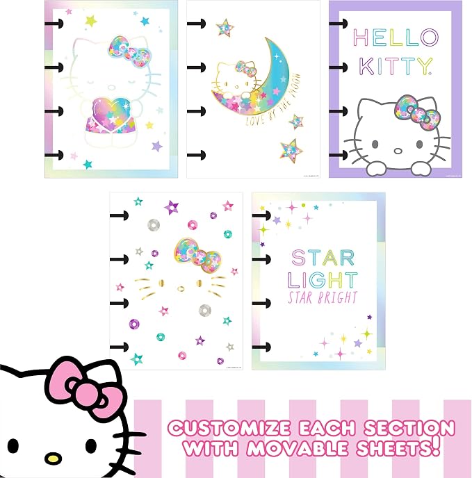 Hello Kitty DIY Glitter Micro Journal by Horizon Group USA, 40+ Stationery Accessories Including Hello Kitty Stickers, Surprise Keychain, Interchangeable Binder Discs, Squishy Glitter Cover & More