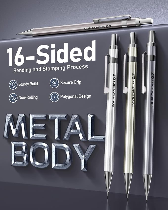 Metal Mechanical Pencil Set, 0.5/0.7mm, 8-Pack with Case, Two Sizes