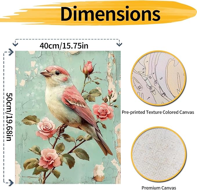 pchmcu Bird Flower Paint by Numbers Kits for Adults,Rose Paint by Number for Adults Beginner, Paint by Numbers Kits on Canvas Without Frame for Home Wall Decor 16x20inch