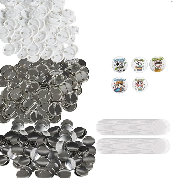 VEVOR 500 Sets 1.25 inch 32mm Pin Back Button Parts for Button Maker Machine, DIY Round Button Badge Parts, Set Includes Metal Top, Plastic/Metal Button, Clear Film, and Blank Paper For Gifts Presents