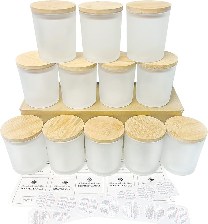 CONNOO 12-Pack 10 oz Frosted Glass Candle Jars with Bamboo Lids | For Making Candles, Empty Candle Tins with Wooden Lids, Bulk Clean Candle Containers, Dishwasher Safe
