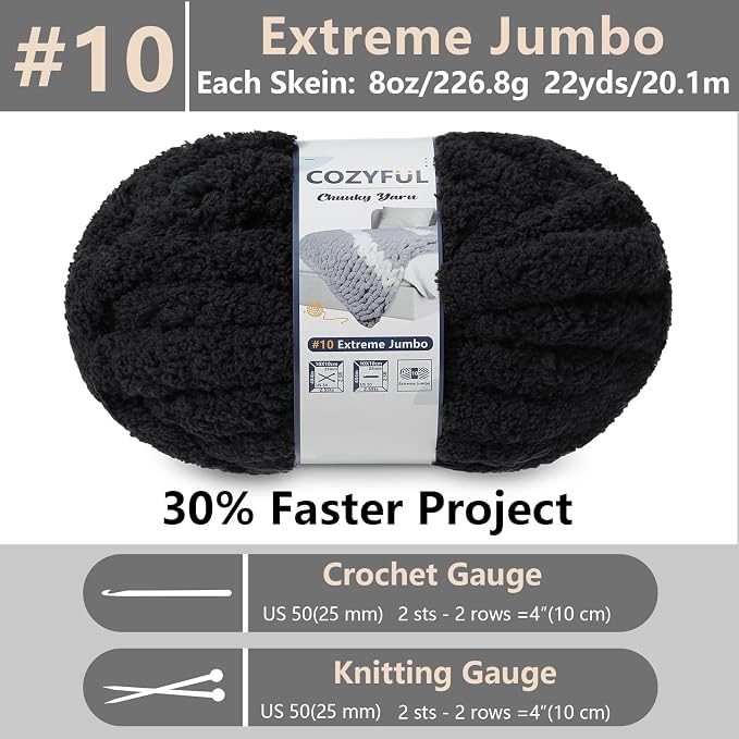 Cozyful Chunky Yarn for Hand Knitting - #10 Chunky Chenille Yarn, Jumbo Big Thick Chunky Yarns for Crocheting, Super Bulky Chunky Knit Blanket Yarns, 8 Skein (22 yds 8 oz Each Skein), Black