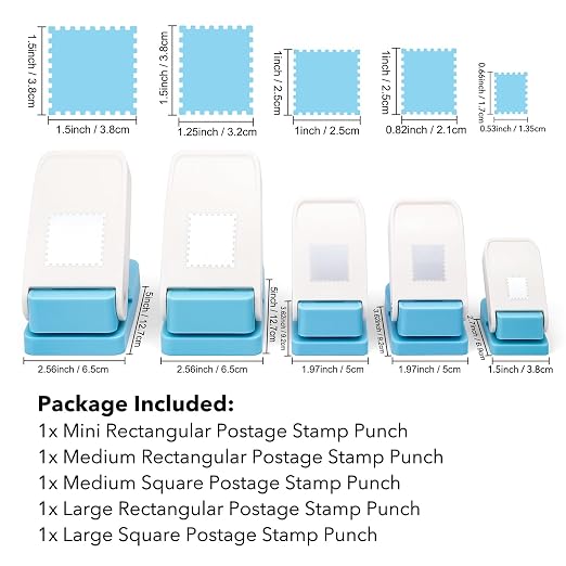 5Pcs Stamp Punch, 1.5x1.25inch/1x0.8inch/0.6x0.5inch Rectangle Postage Stamps Punches,1.5inch/1 inch Stamps Shaped Puncher, Stamp Cutter Hole Punch, Paper Punches for Crafting Scrapbooking Journaling