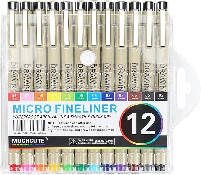 Muchcute 05 Micro Fineliner Drawing Art Pen,12 Colors 0.45mm No Bleed Bible | Waterproof Colored Fine liner Smooth Extra Fine Point, Journal Zentangle Study Supplies, Ultra Line Needle Tip Thin Gel Felt