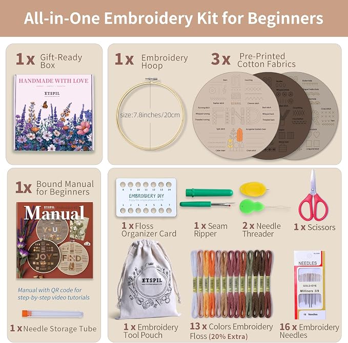 ETSPIL Embroidery Kit for Adults, 42 Stitches, 4K Video, Storage Bag | Stamped Floral Letters FIND YOUR JOY. Step-by-Step Guide. 20% Extra Floss. Beginner-Friendly. Relaxing Craft for Women