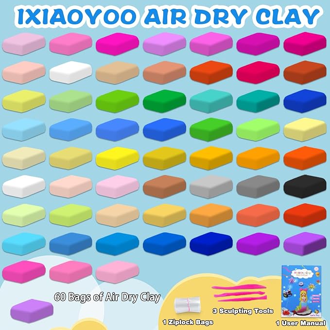 Ixiaoyoo Air Dry Clay, 60 Colors Foam Modeling Clay for School Projects