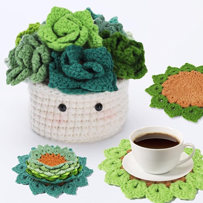 Hssugi Crochet Kit for Beginners 6PCS Crochet Coasters in a Plant Pot | Crochet Start Kit, Complete Beginner Crochet Kit with Hooks, Yarn, Clear Video Tutorials for Adult Beginners
