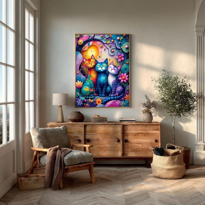 Diamond Art Kits for Adults,Colorful Cat and Flower Diamond Painting | 5D DIY Paint By Diamonds,Full Round Drill Diamond Dot Gem Art Painting Kits,for Home Wall Decor 11.8X15.8 Inch