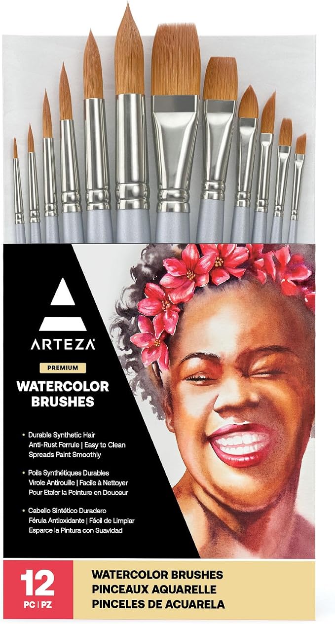 ARTEZA Watercolor Brush Set of 12, Synthetic Hair, Round & Flat Brushes for Watercolor, Acrylic, Gouache, Art Supplies for Adults, Beginners & Artists