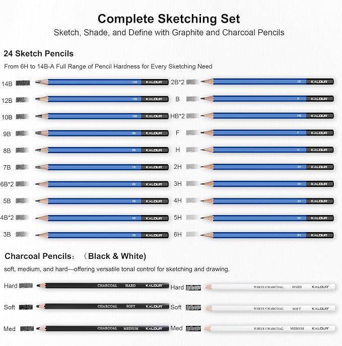 KALOUR PDAS 112 Drawing Set Sketch Kit, Pro Art Supplies with 3-Color Sketchbook, Graphite, Charcoal Pencils, Art Drawing Kit for Artists Adults Teens Beginners, Ideal for Shading & Blending