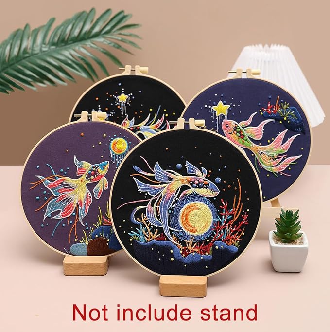 Konrisa Stamped Embroidery Kit for Adults, 3 Set Elegant Goldfish DIY Sewing Needlepoint Cross Stitch Kit with Embroidery Floss,Hoops,Color Thread,Needle,1 pc Hoop
