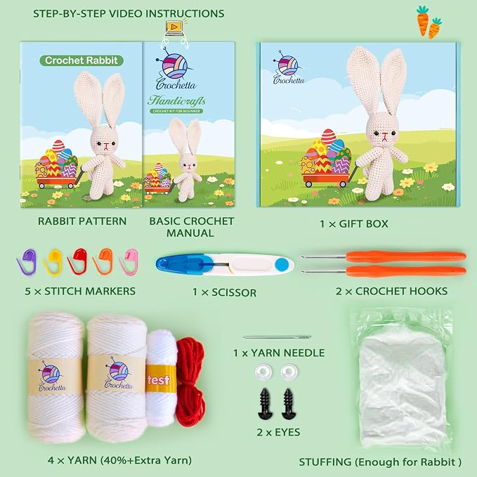 Crochetta Crochet Kit for Beginners, Crochet Starter Kit w Step-by-Step Video Tutorials, Beginner Crochet Kit Knitting Supplies for Adults, Crochet Bunny(40%+ Yarn)
