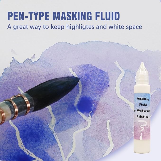 Blue Watercolor Masking Fluid - Professional Art Supplies with Brush & Eraser for Artists, Painting Medium Pen