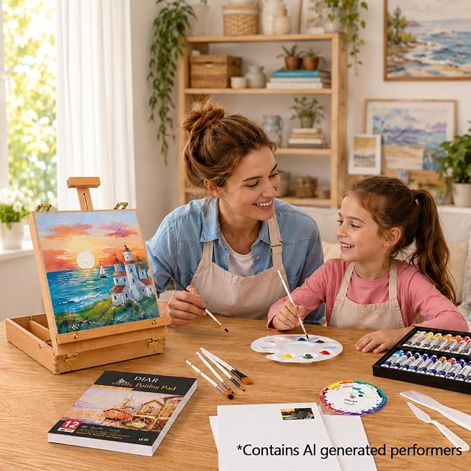 DJAR 49 Pcs Acrylic Paint Set with Tabletop Easel & Canvas, 24 Colors | Complete Art Supplies Kit with Canvas Panels, Brushes and Painting Pads, Painting Set for Kids, Beginners, Adults and artists