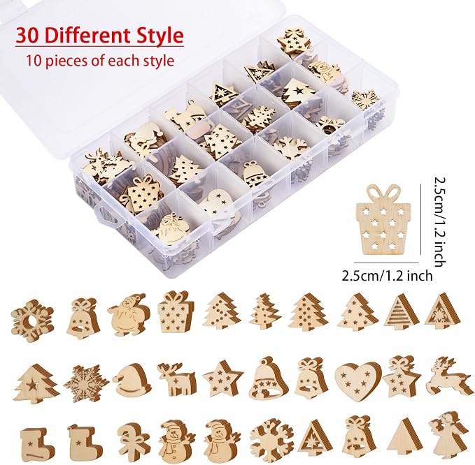 300 Pieces Unfinished Mini Wooden Christmas Ornaments DIY Wooden Christmas Ornaments Mini Blank Wood Slice Cutout Xmas Craft for Holiday Winter Xmas Tree Hanging Decoration DIY Craft,30 Styles