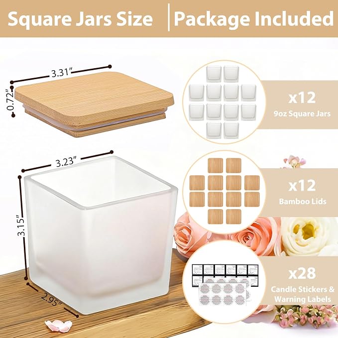 CONNOO 12 Pack 9oz Frosted Glass Square Candle Jars with Bamboo Lids