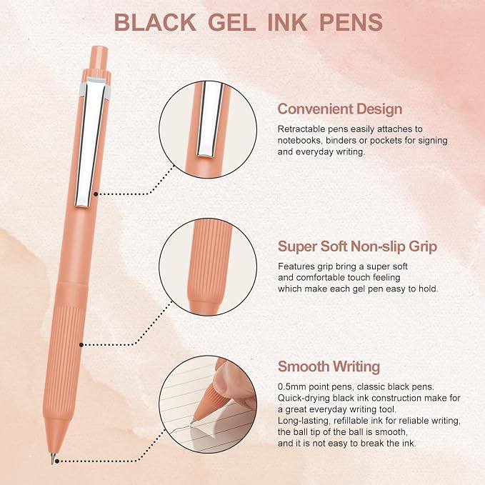 Linbsunne Gel Pens, 0.5mm Black Ink Pens Quick Dry, Metal clip-12 pcs