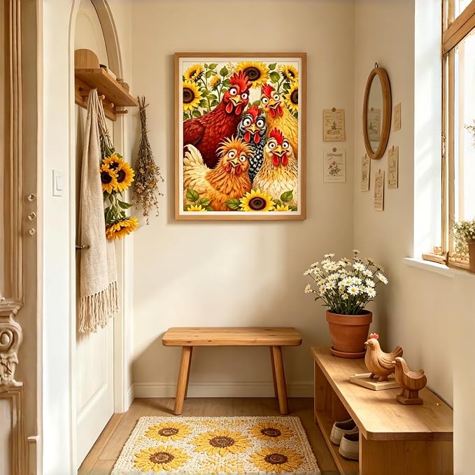 Diamond Painting Kit for Adults,Chicken Sunflower Diamond Art Kits 12x16In | 5D Full Round Drill Flower Animal Gem Painting Paint by Diamonds Relaxing DIY Craft for Home Wall Decor