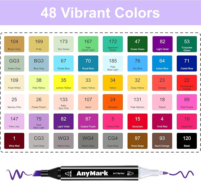 AnyMark Alcohol Markers, 48 Colors Dual Tip Art Coloring Markers Set | Alcohol Based Markers for Adult Book Drawing Sketching Painting, Chisel & Fine, Black Penholder