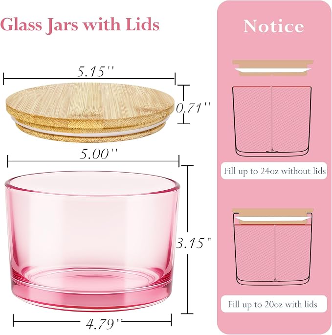CONNOO 6 Pack 24oz Pink Glass Candle Jars with Airtight Bamboo Lids